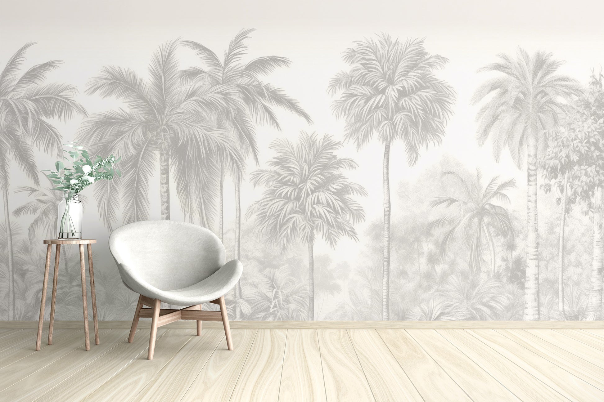 Removable Palm Tree Wall Mural in a minimalist room with a white chair and tripod side table for easy decor updates.