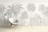 Removable Palm Tree Wall Mural in a minimalist room with a white chair and tripod side table for easy decor updates.