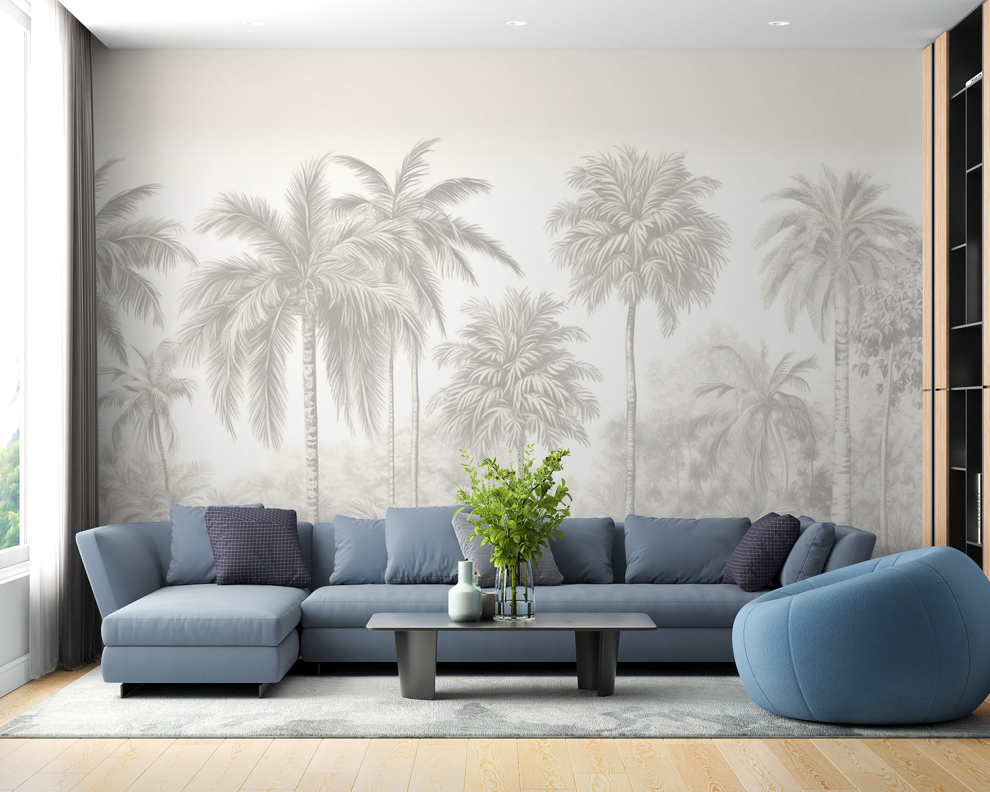 Premium canvas Palm Tree Wall Mural in a large living room with a blue sectional sofa and a blue ottoman.