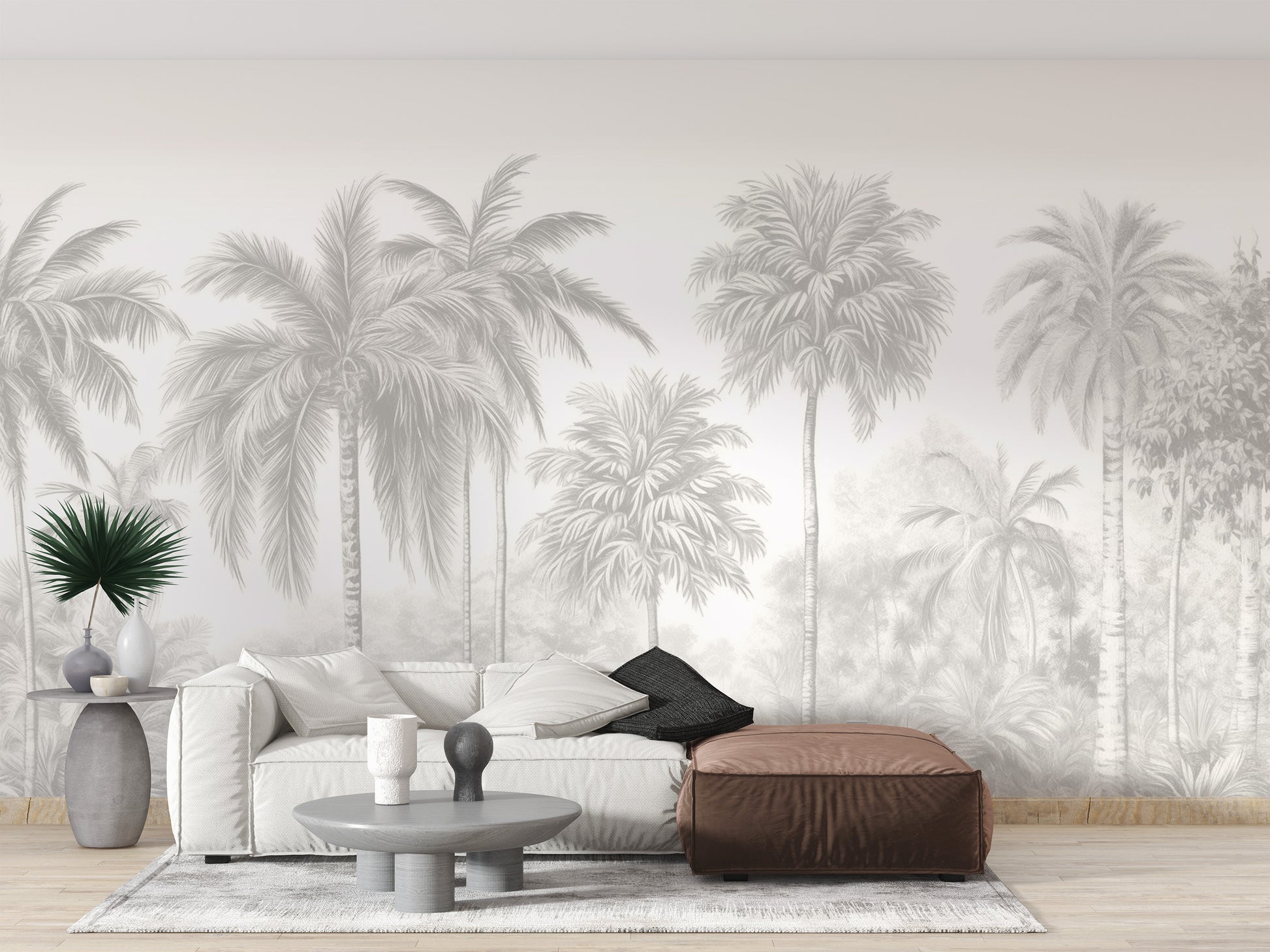 Peel and stick Palm Tree Wall Mural in a living room with a white sofa and brown ottoman for a tropical feel.