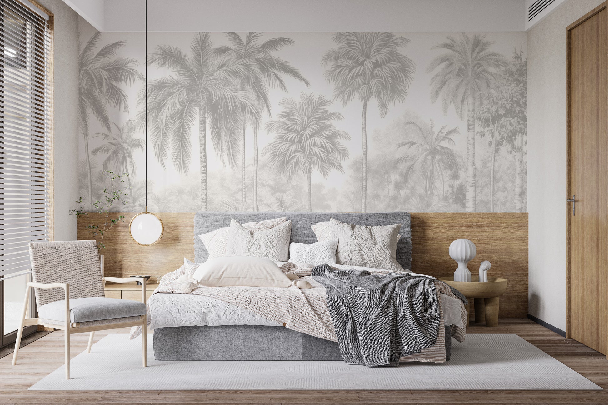 Standard finish Palm Tree Wall Mural in a bright bedroom with white bedding and light wood accents for a clean style.