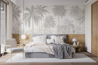 Standard finish Palm Tree Wall Mural in a bright bedroom with white bedding and light wood accents for a clean style.