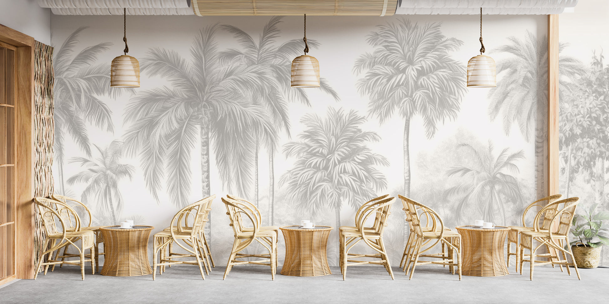 Premium Palm Tree Wall Mural in a cafe setting with wooden chairs and small tables for an island-inspired vibe.