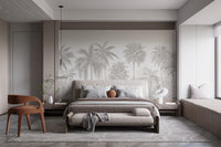 Canvas Palm Tree Wall Mural in a minimalist bedroom with neutral bedding and soft natural light for a serene look.