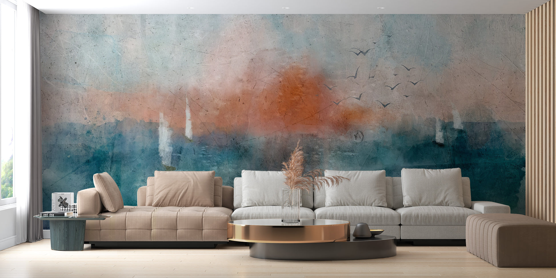 Ethereal Dusk Texture wallpaper mural of a misty dusk seascape behind a long beige sofa and round coffee table in a living room