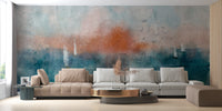 Ethereal Dusk Texture wallpaper mural of a misty dusk seascape behind a long beige sofa and round coffee table in a living room