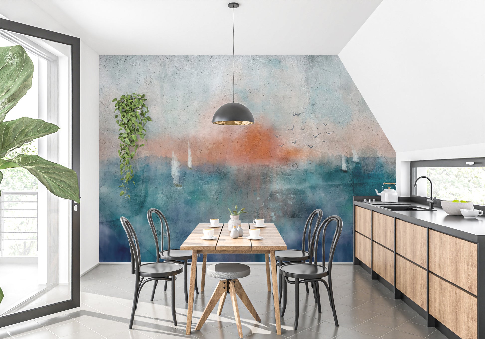Ethereal Dusk Texture wallpaper mural of a blue and orange dusk scene behind a wood dining table and black chairs in a dining room