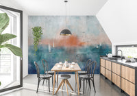 Ethereal Dusk Texture wallpaper mural of a blue and orange dusk scene behind a wood dining table and black chairs in a dining room