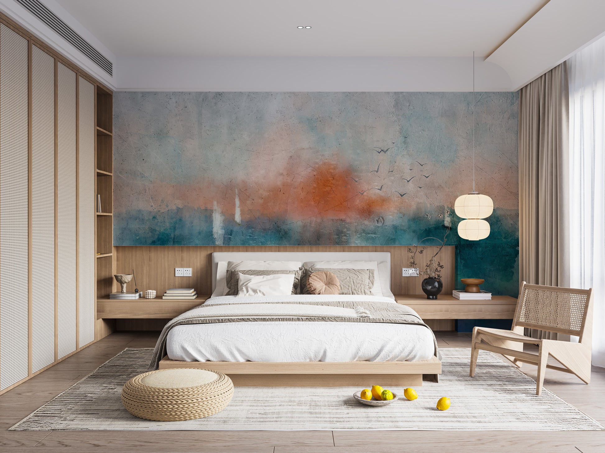 Ethereal Dusk Texture wallpaper mural of an abstract dusk seascape behind a light wood bed and rattan chair in a bedroom