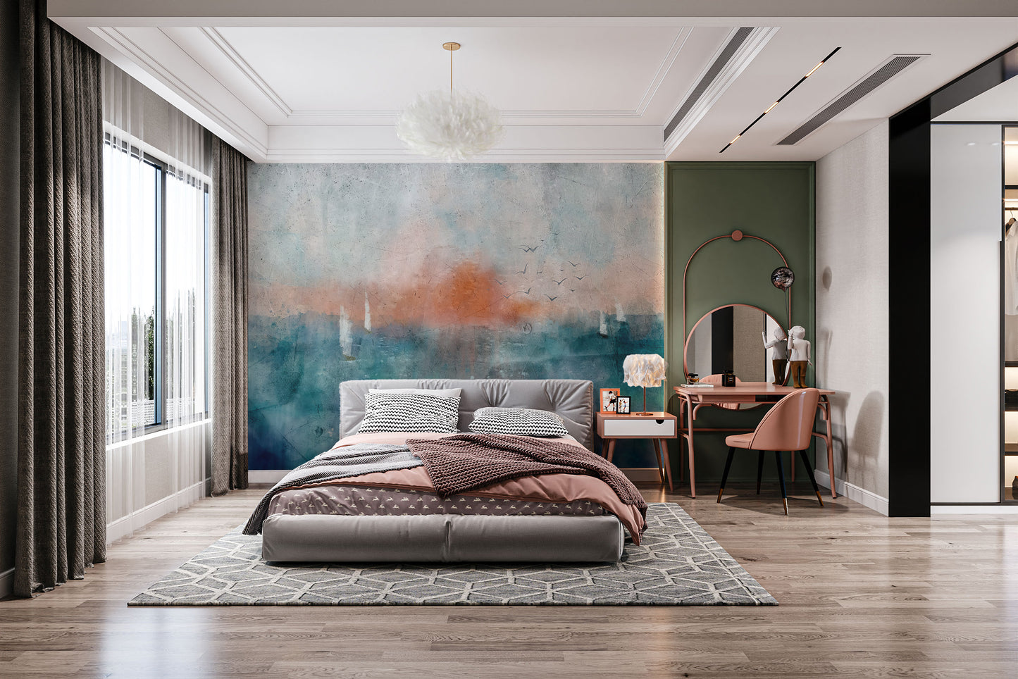 Ethereal Dusk Texture wallpaper mural of a teal and orange dusk seascape behind a grey bed and pink dressing table in a bedroom