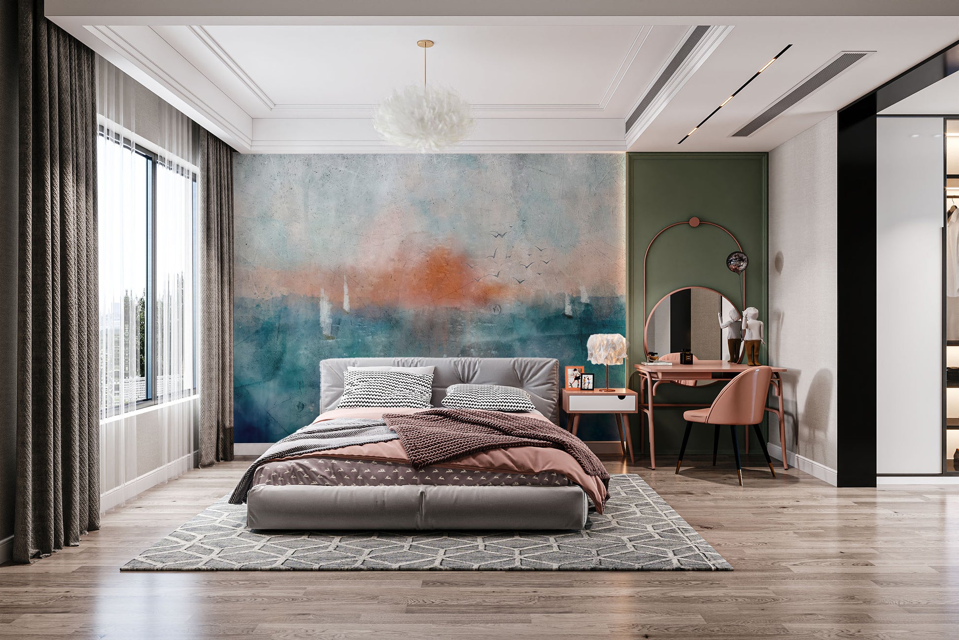 Ethereal Dusk Texture wallpaper mural of a teal and orange dusk seascape behind a grey bed and pink dressing table in a bedroom