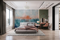 Ethereal Dusk Texture wallpaper mural of a teal and orange dusk seascape behind a grey bed and pink dressing table in a bedroom