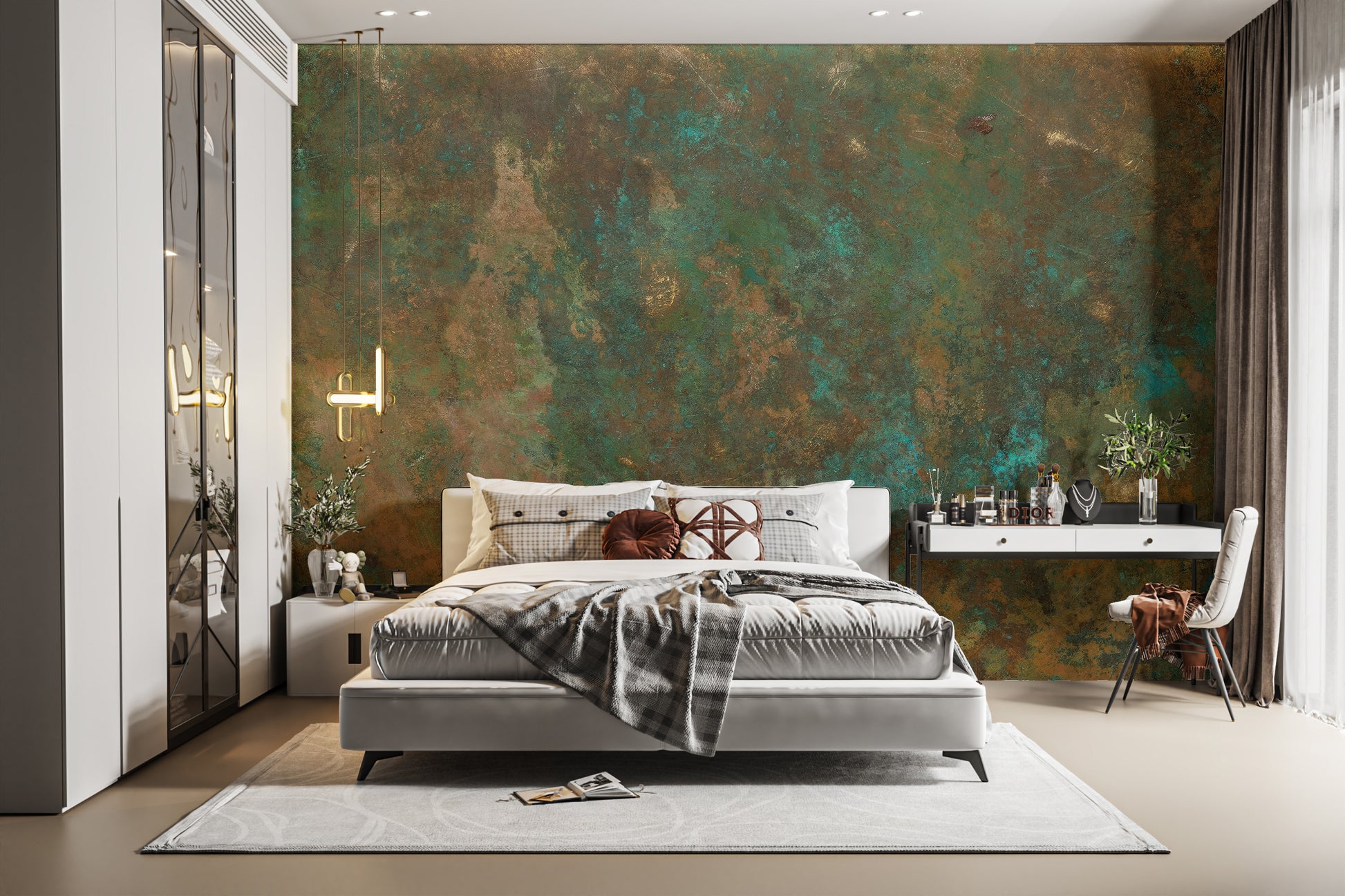 Ancient Bronze Teal wallpaper mural of bronze and teal patina behind a white bed and vanity in a luxe bedroom