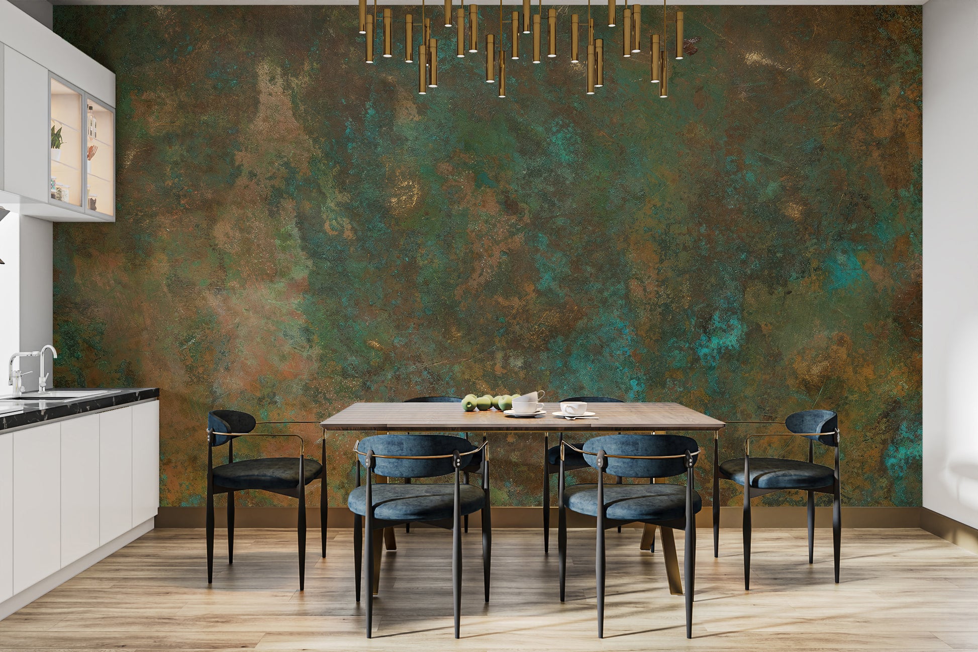 Ancient Bronze Teal wallpaper mural of oxidized bronze behind a wood dining table and navy chairs with brass pendants