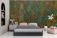 Ancient Bronze Teal wallpaper mural of copper and teal texture behind a gray bed with plush toys in a kids room