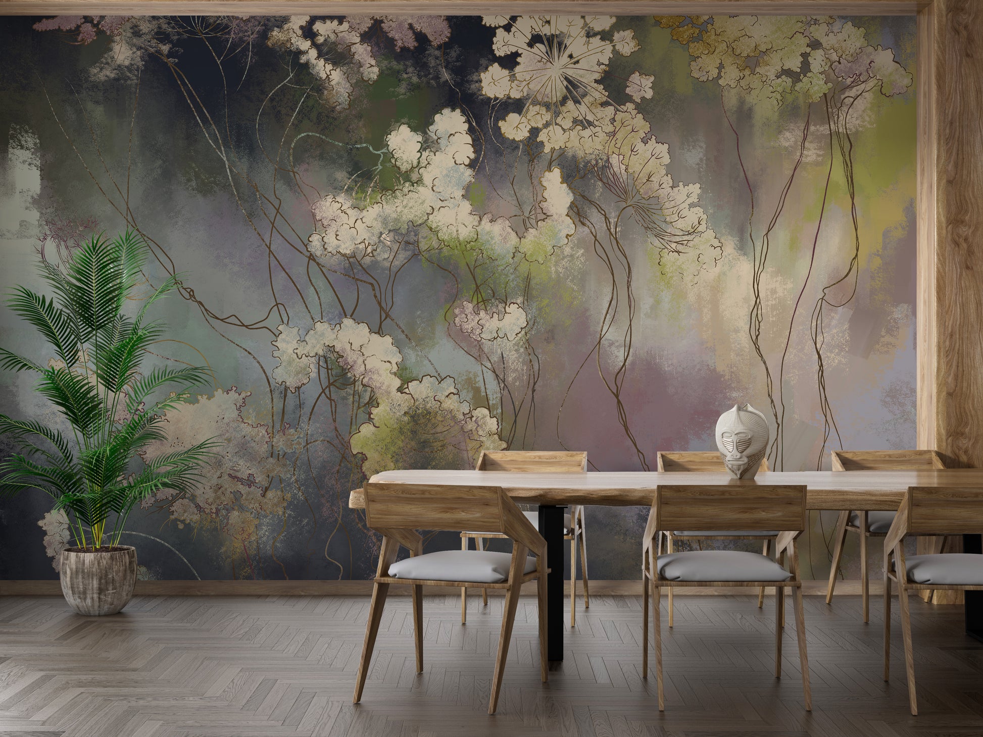 Wildflower Whisper wallpaper mural with dreamy cream flowers behind a wooden dining table, chairs and a tall palm plant