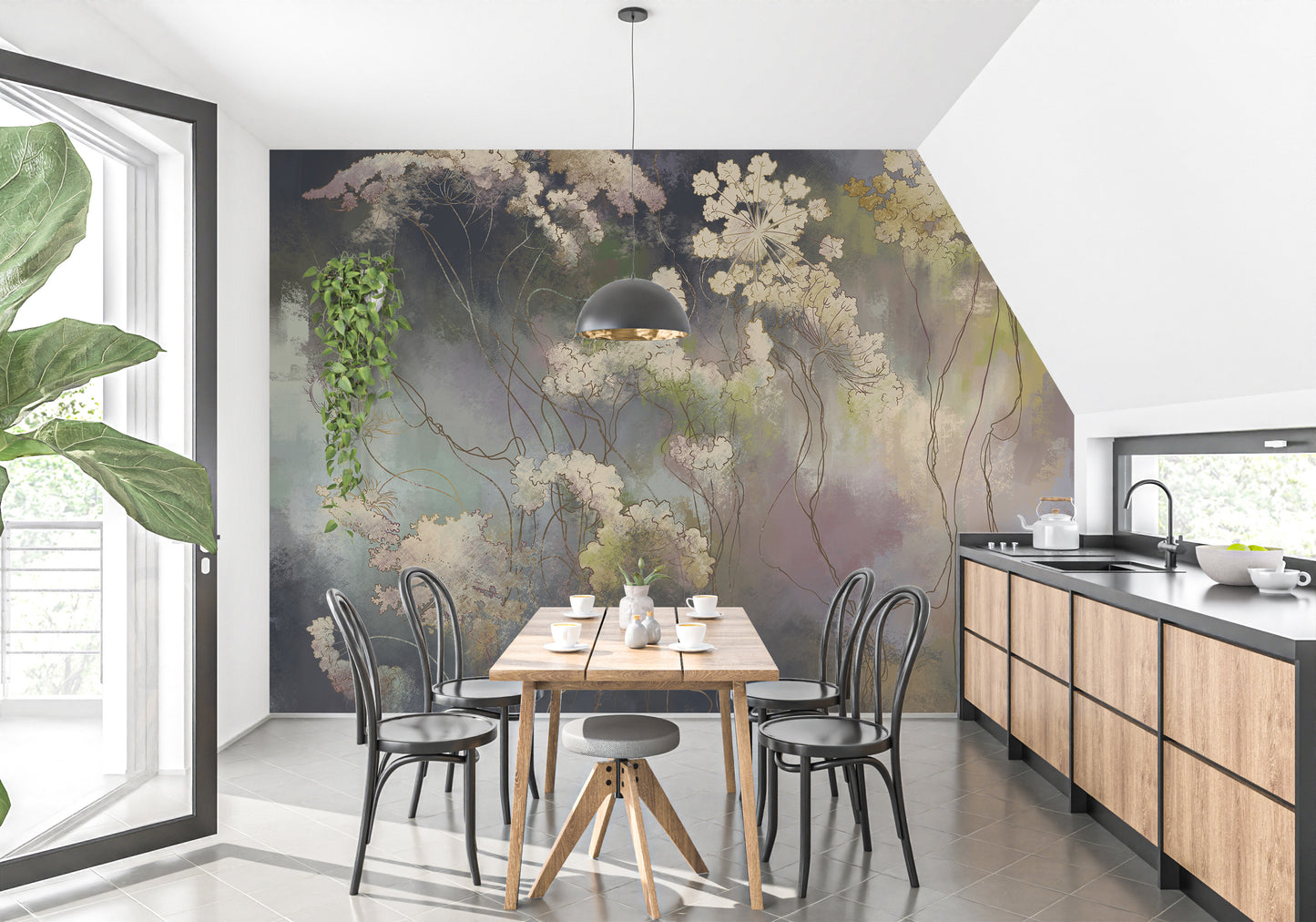 Wildflower Whisper wallpaper mural of soft florals behind a wooden dining table and black bentwood chairs in a bright kitchen