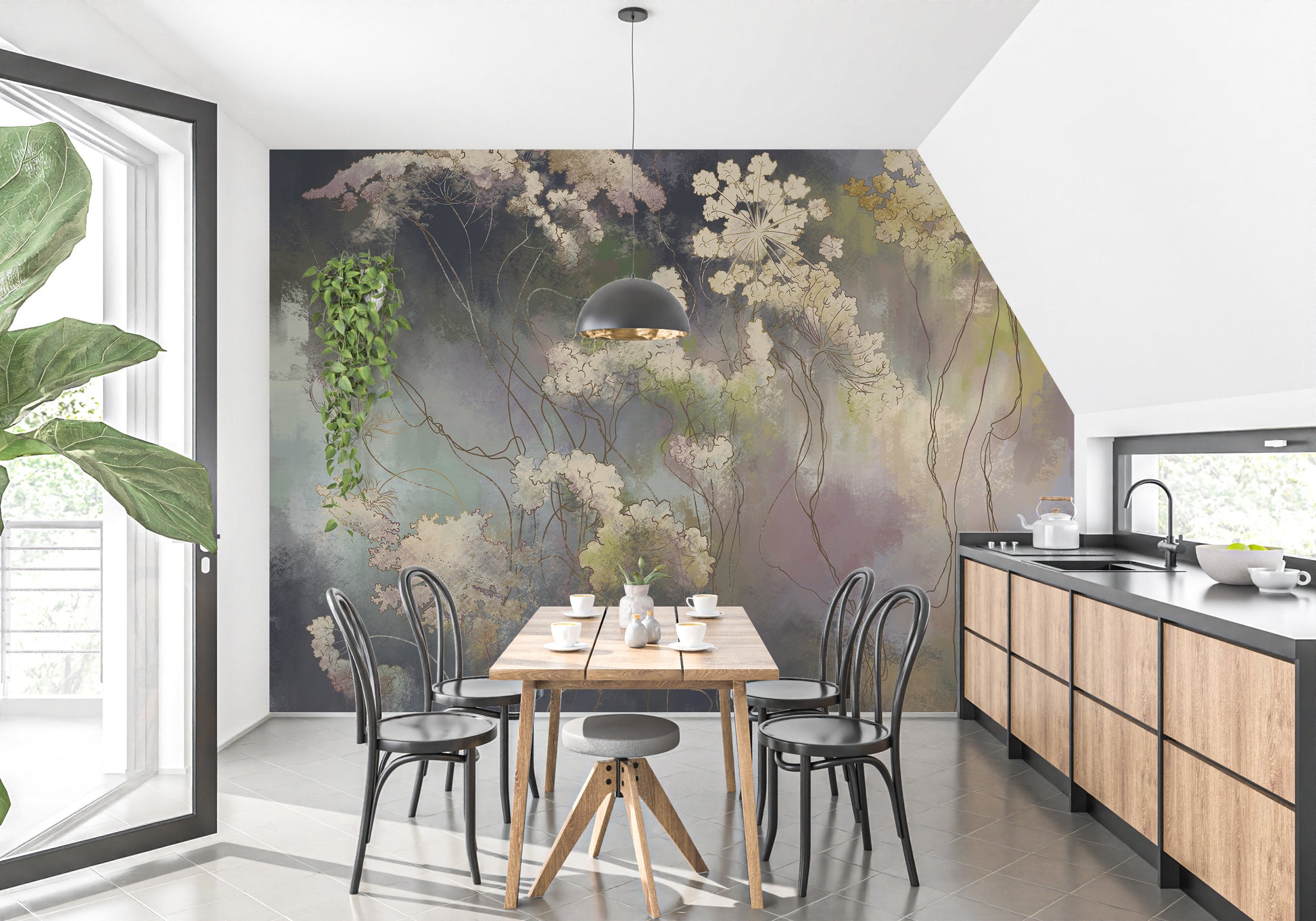 Wildflower Whisper wallpaper mural of soft florals behind a wooden dining table and black bentwood chairs in a bright kitchen