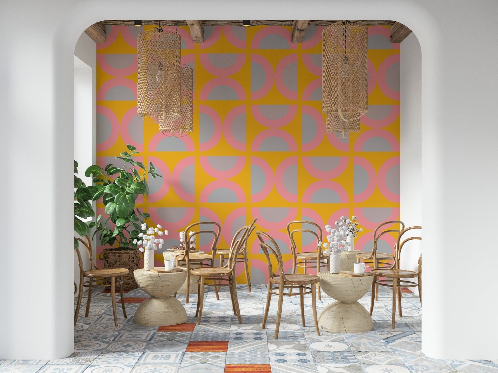 Bold yellow and orange semi-circle pattern wall mural