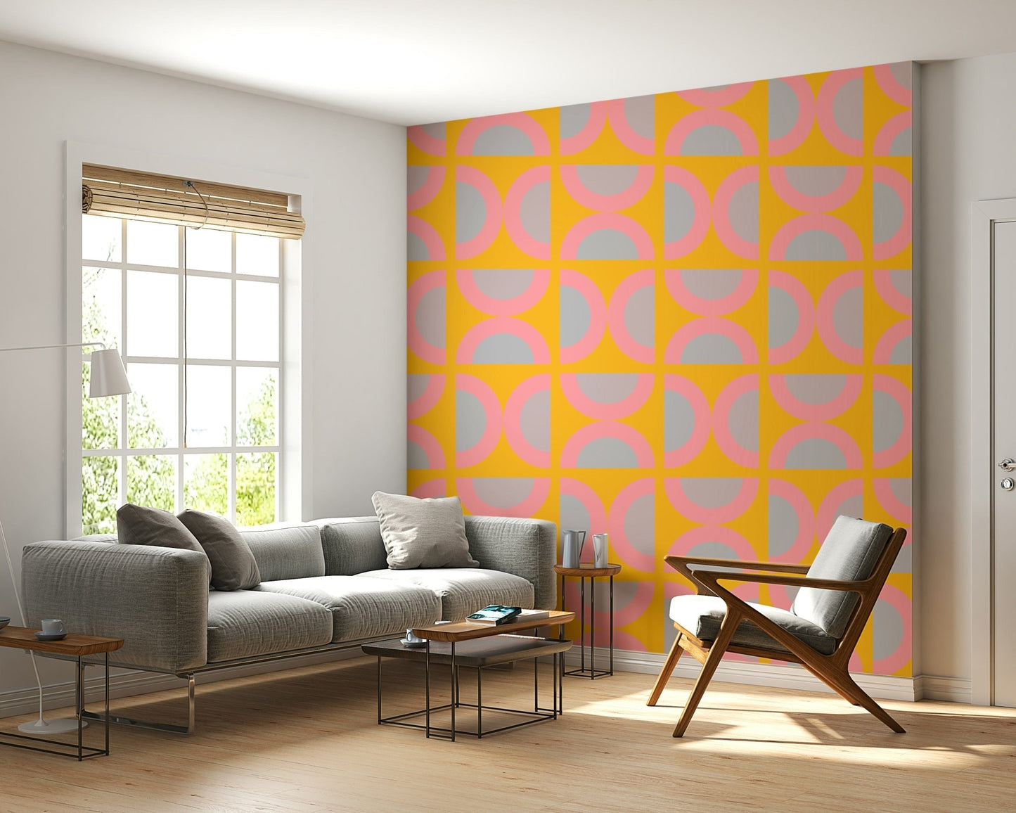 Playful geometric shapes on semi-circle wallpaper