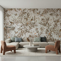 Tranquil wall mural showing songbirds and blossoms in a muted sepia palette