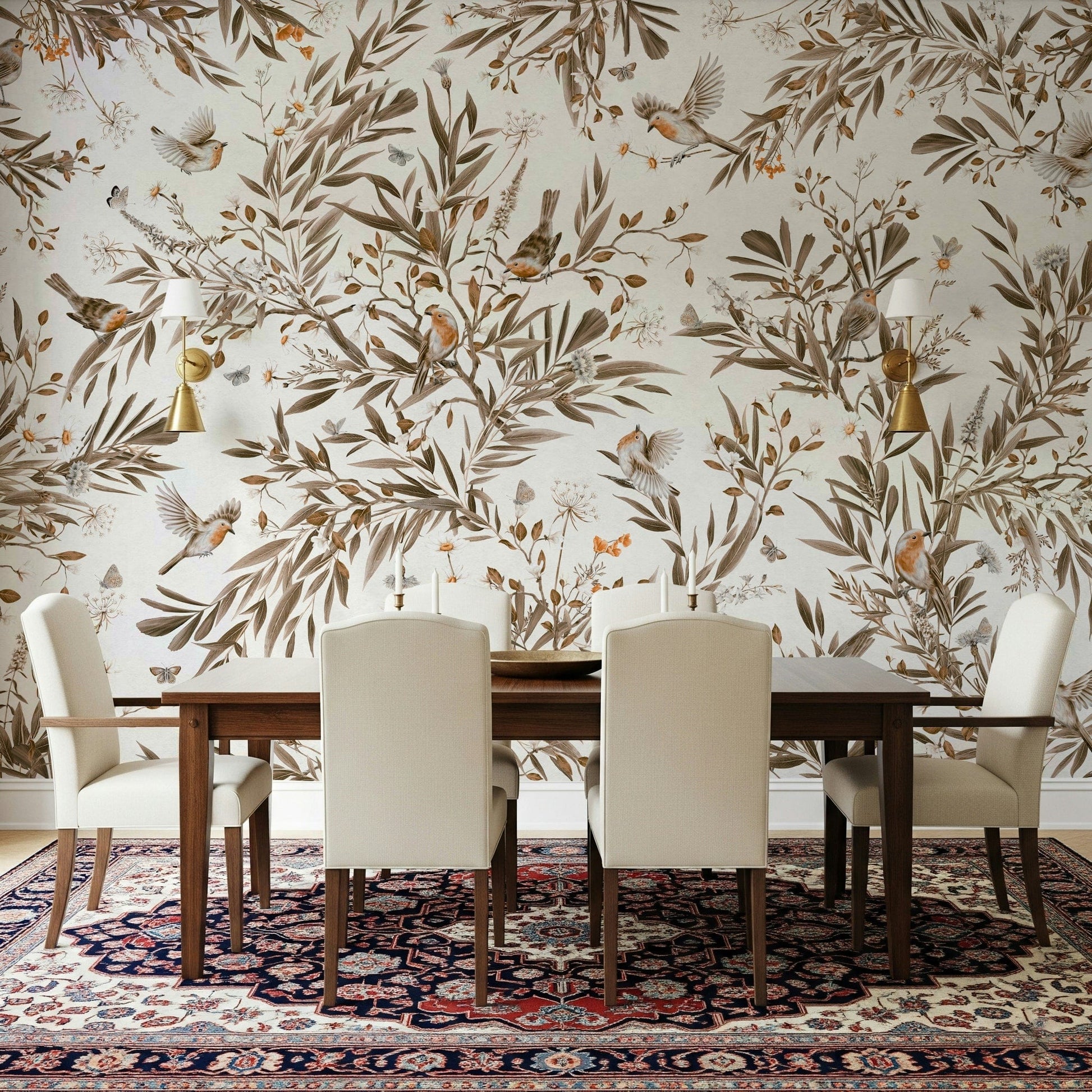 Classic sepia floral mural with gentle birds and soft botanical details
