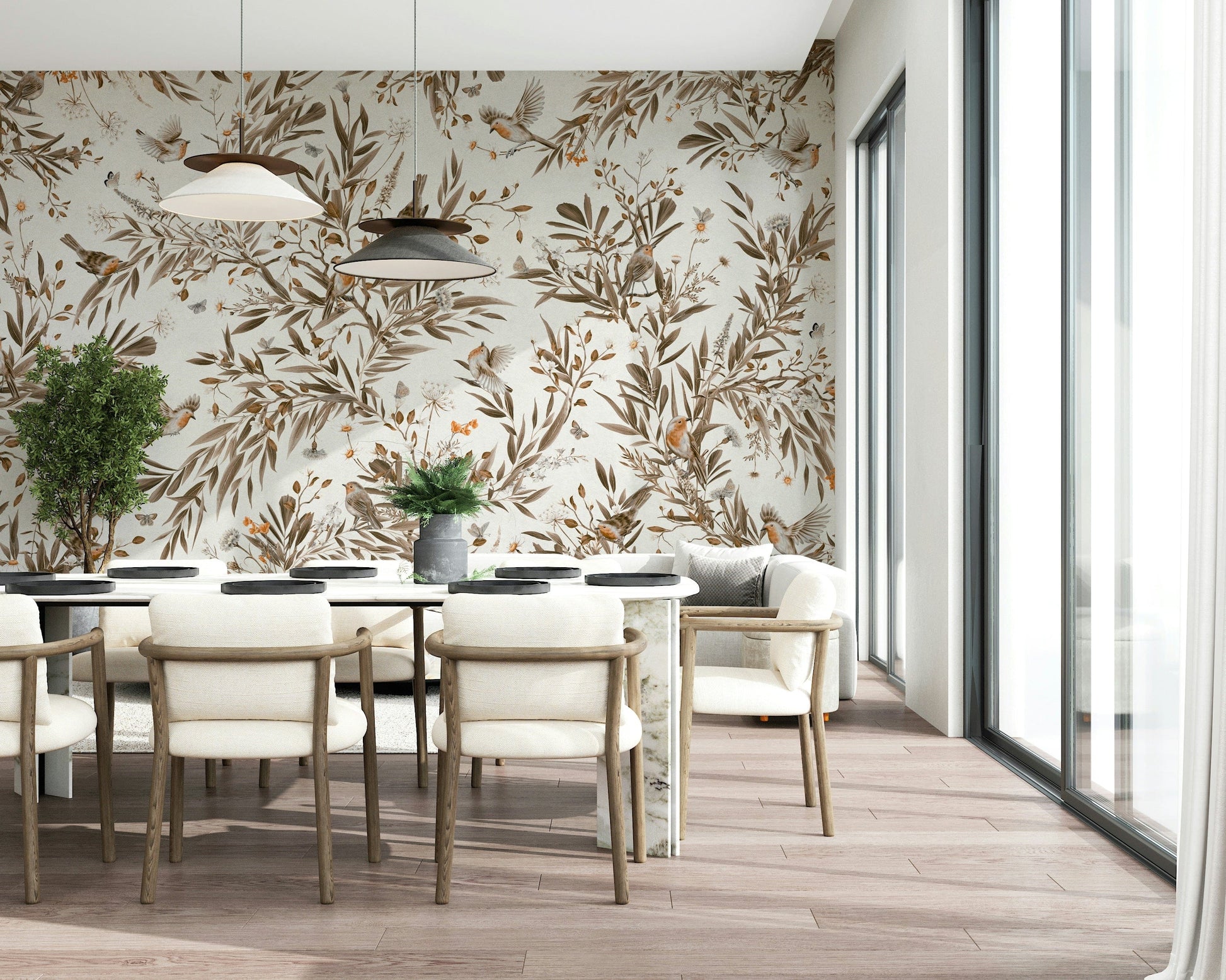 Serene botanical wall art with flowers and birds in warm sepia tones