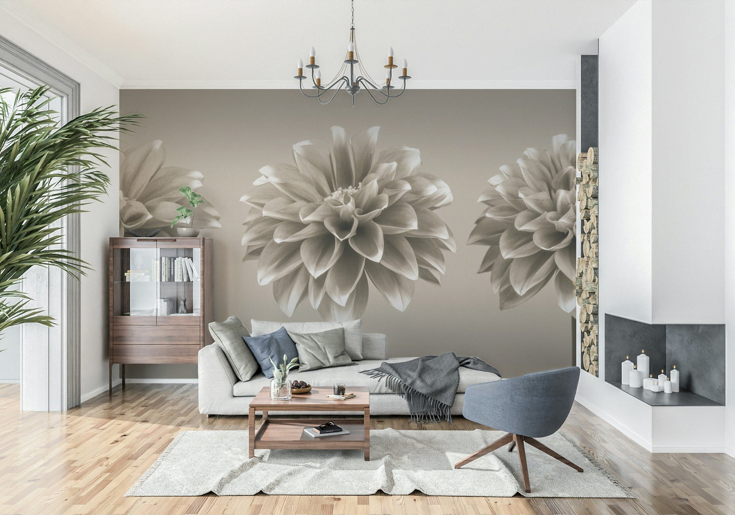 Three symmetrical dahlias, Sepia Dahlia Trio subtle bloom wallpaper.