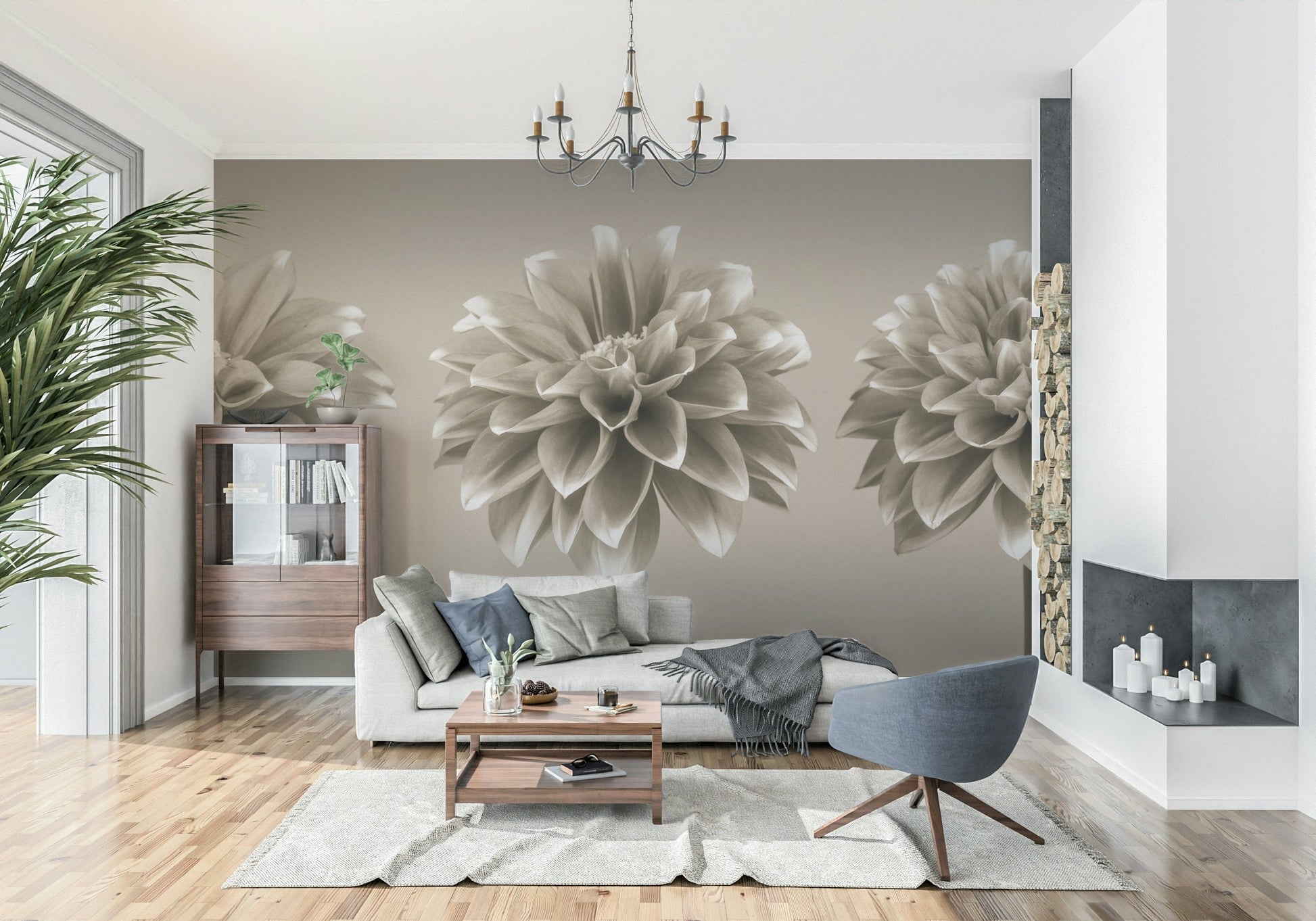 Three symmetrical dahlias, Sepia Dahlia Trio subtle bloom wallpaper.