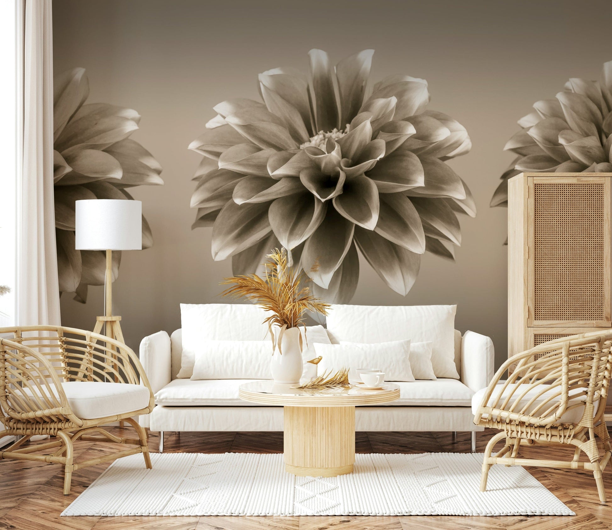 Grayscale dahlia blossoms, large Sepia Dahlia Trio artistic print wallpaper.