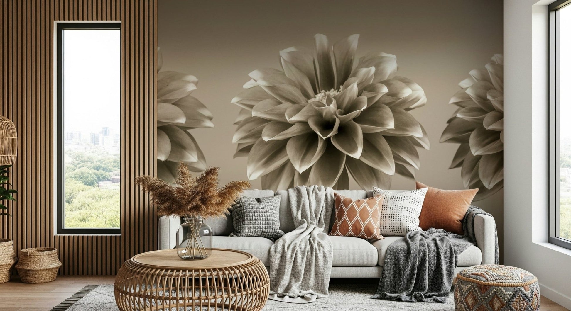 Neutral flower wall mural with rich texture