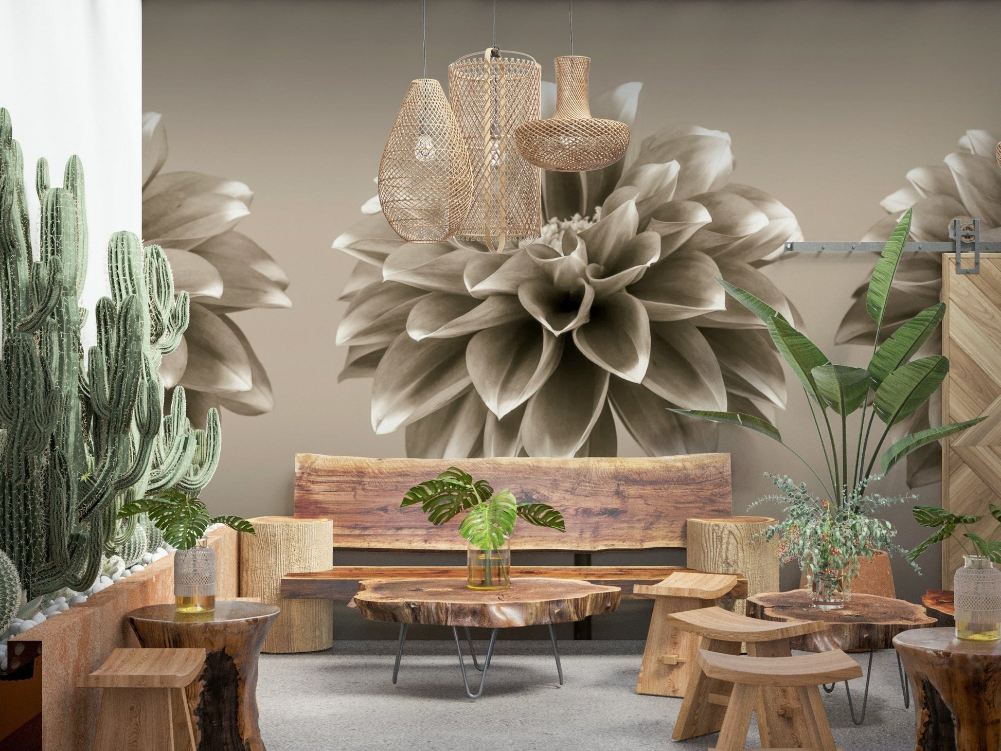 Detailed petal layers wall mural in sepia