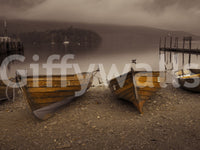 Old-world wallpaper showcasing lakeside boats and a muted sepia color palette for a timeless feel.