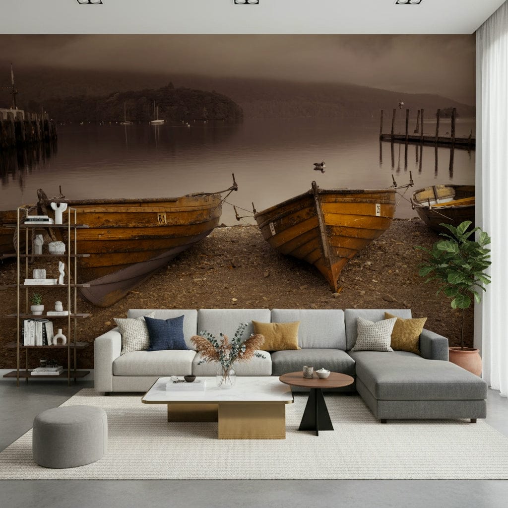 Decorative wallpaper depicting rustic rowboats anchored on a sepia-toned lakeshore.