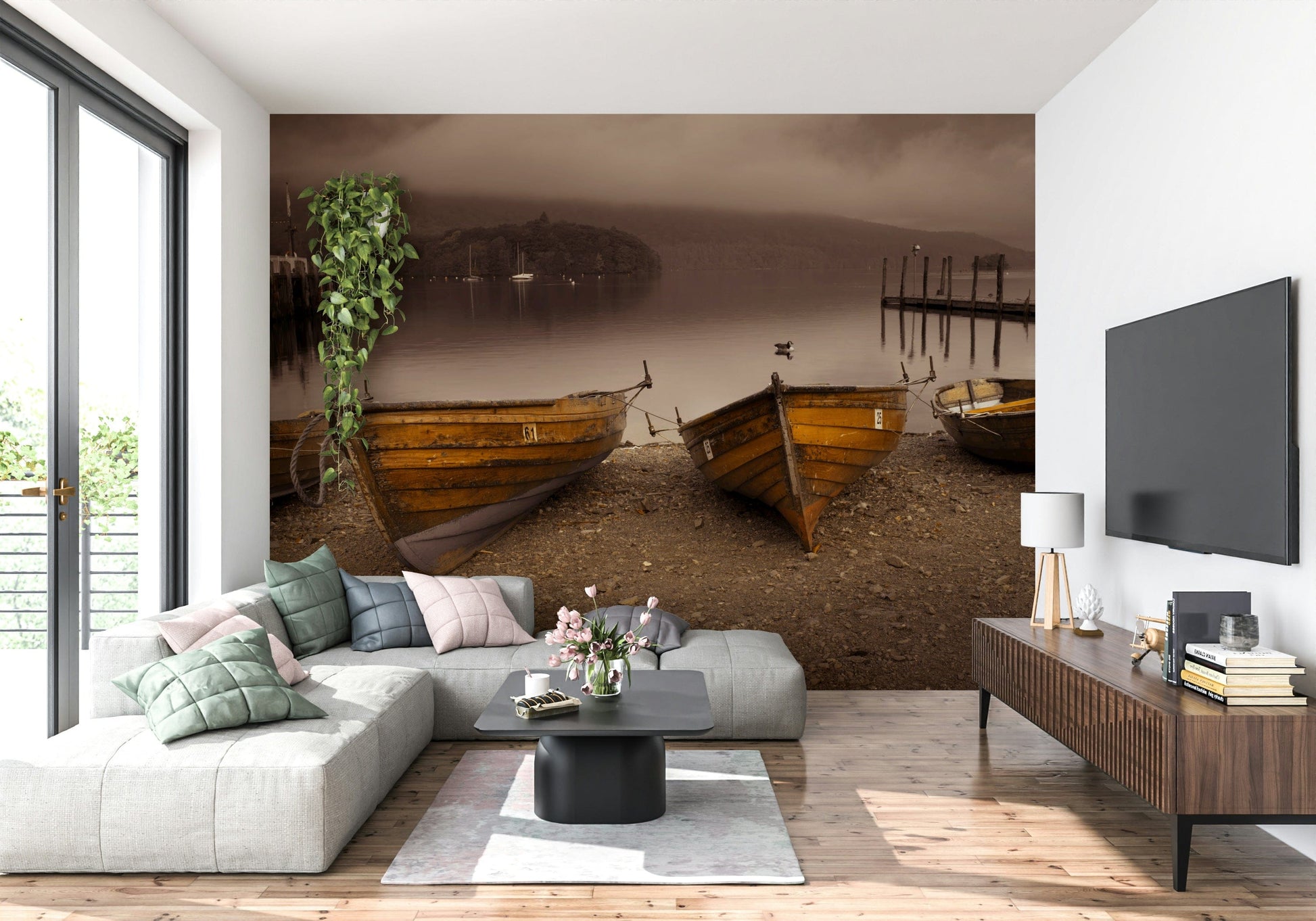 Serene wallpaper featuring wooden rowboats pulled ashore beside a still, sepia-filtered lake.