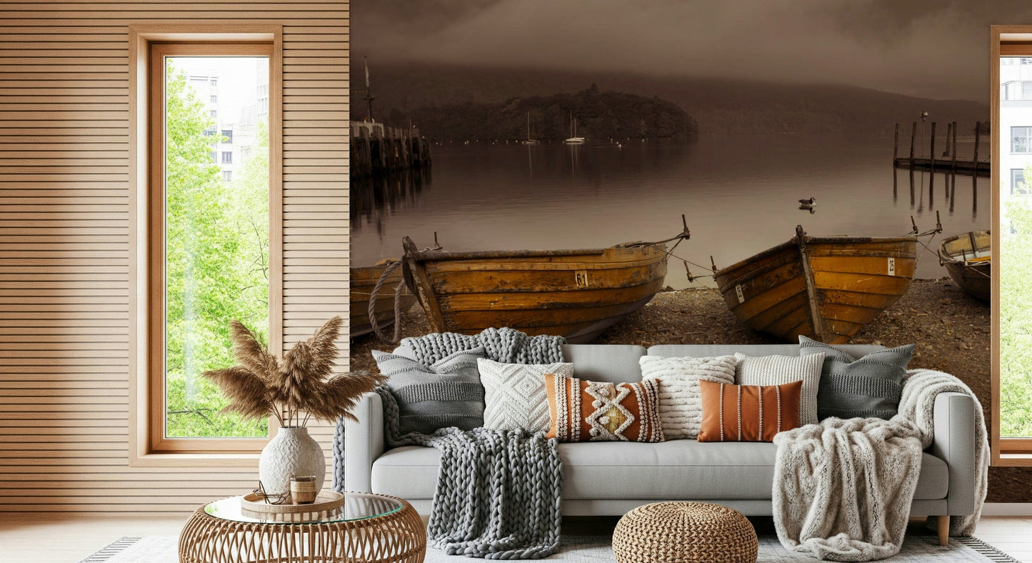 Rustic lakeside wallpaper with weathered wooden boats and a peaceful sepia landscape.