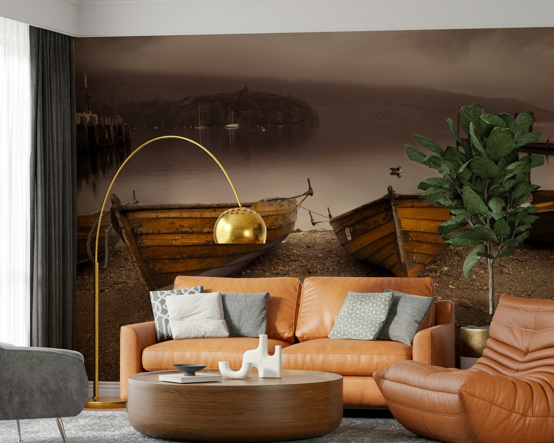 Lake Boats in Sepia wallpaper featuring wooden rowboats resting on a calm lakeshore under misty sepia skies.