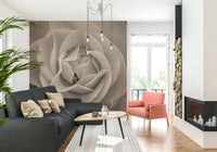Vintage-style floral mural with a macro view of a dewy rose in warm sepia tones.