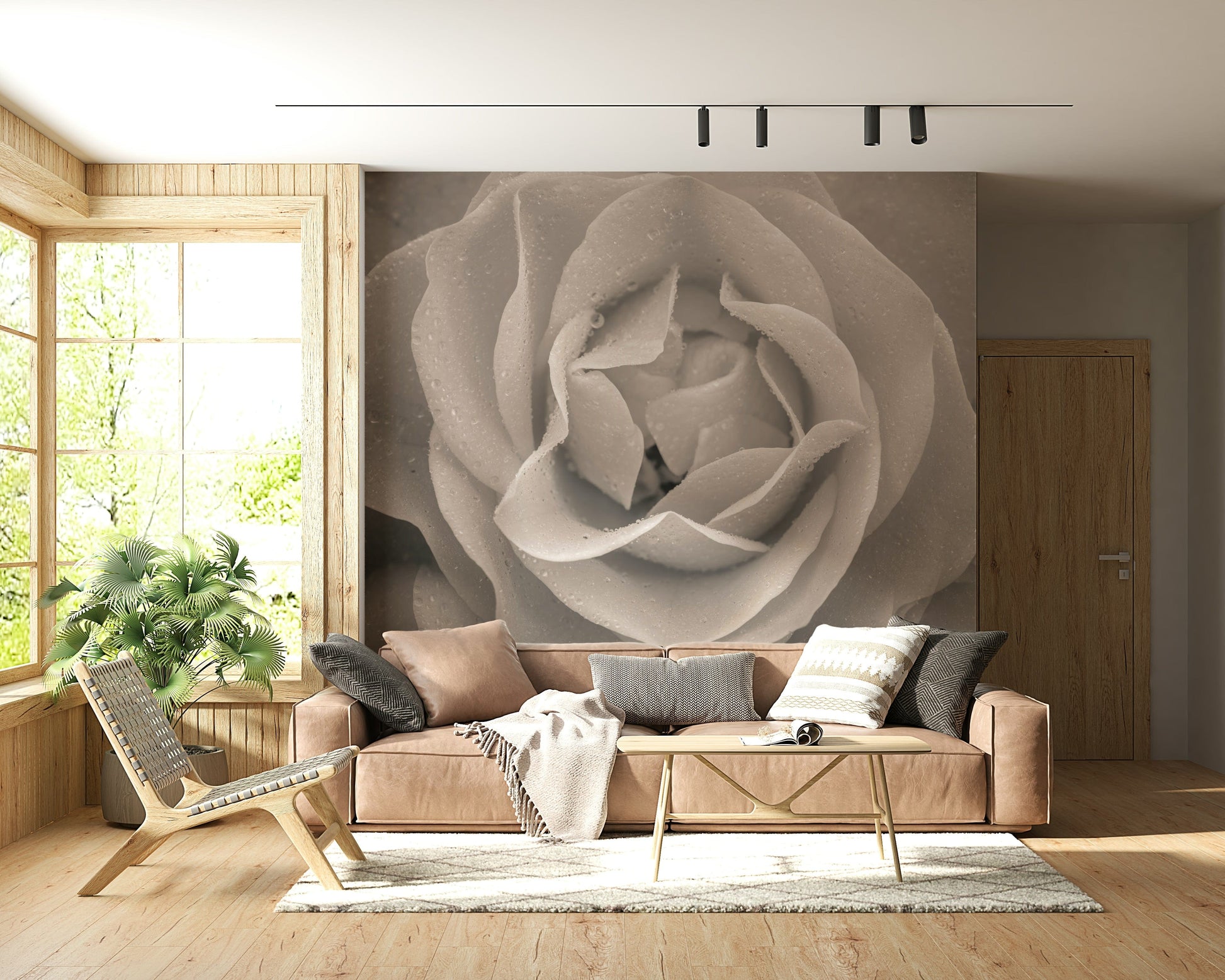 Serene floral mural with a macro rose capturing gentle lighting and soft petal textures.