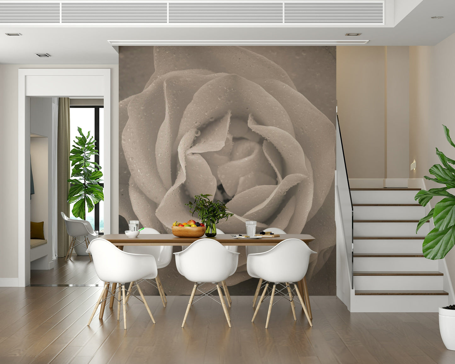 Decorative rose mural capturing the intricate layers of a blooming rose in sepia coloring.