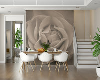 Decorative rose mural capturing the intricate layers of a blooming rose in sepia coloring.