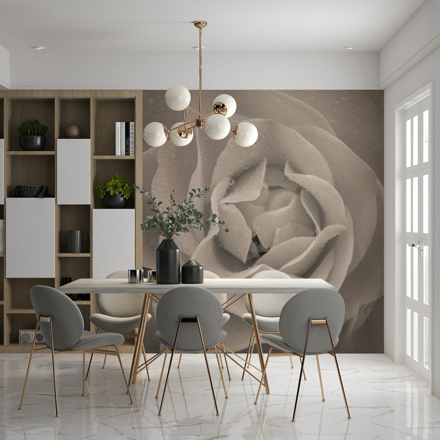 Sepia rose wall mural featuring a close-up bloom covered in delicate water droplets.
