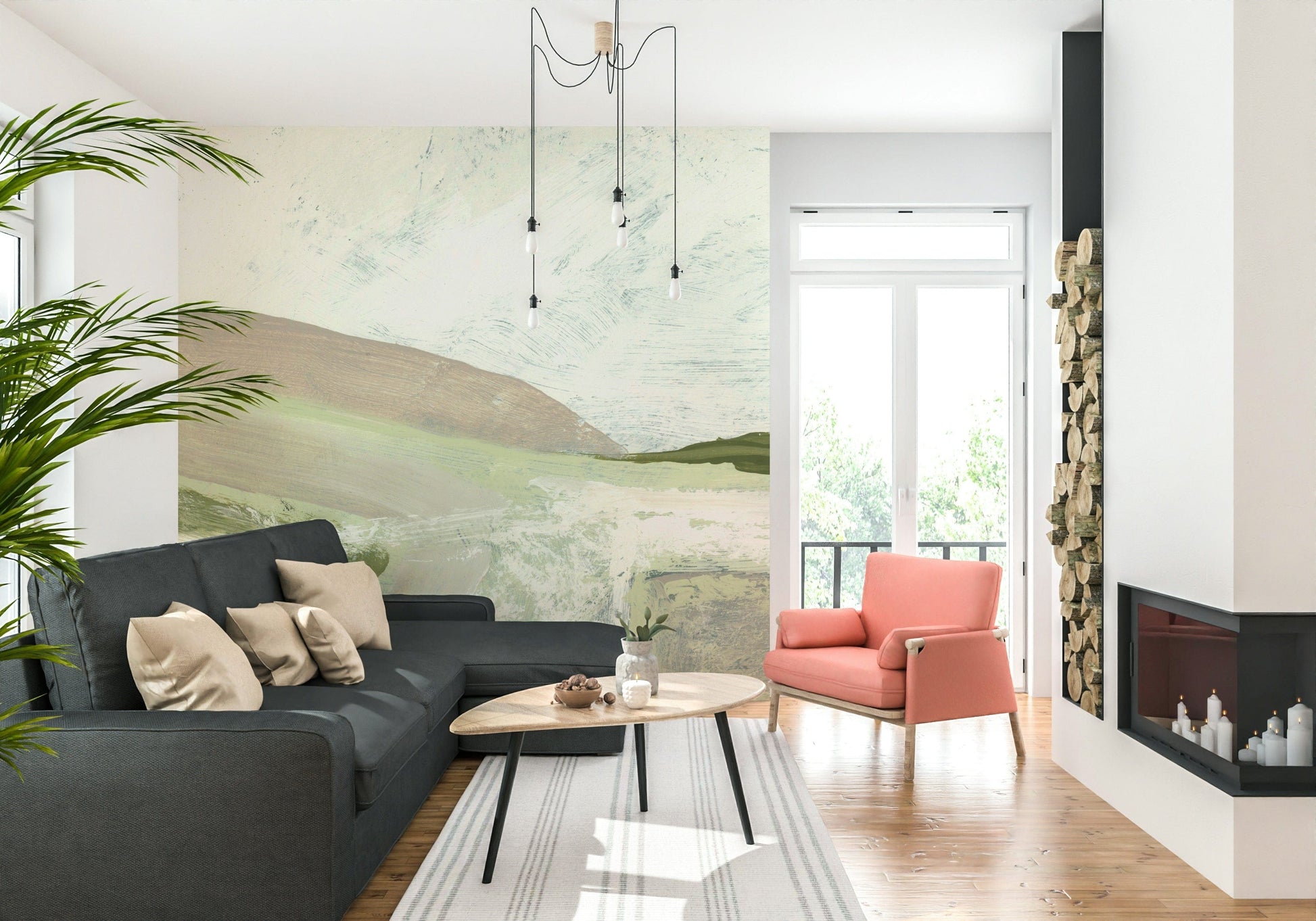 A calming abstract design wallpaper mural that defines a space.