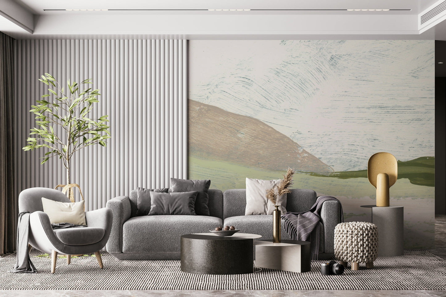 A peaceful modern abstract mural on decorative wallpaper.