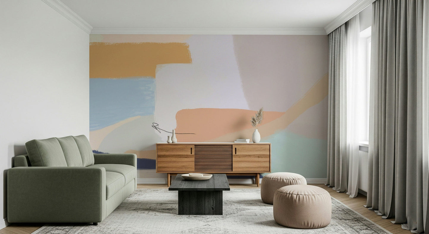 A calming abstract design wallpaper mural that defines a space.
