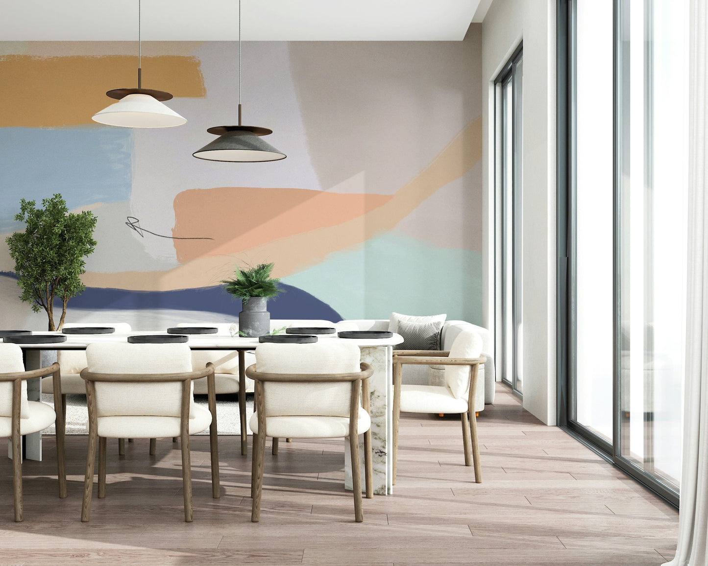 A peaceful geometric abstract mural on decorative wallpaper.
