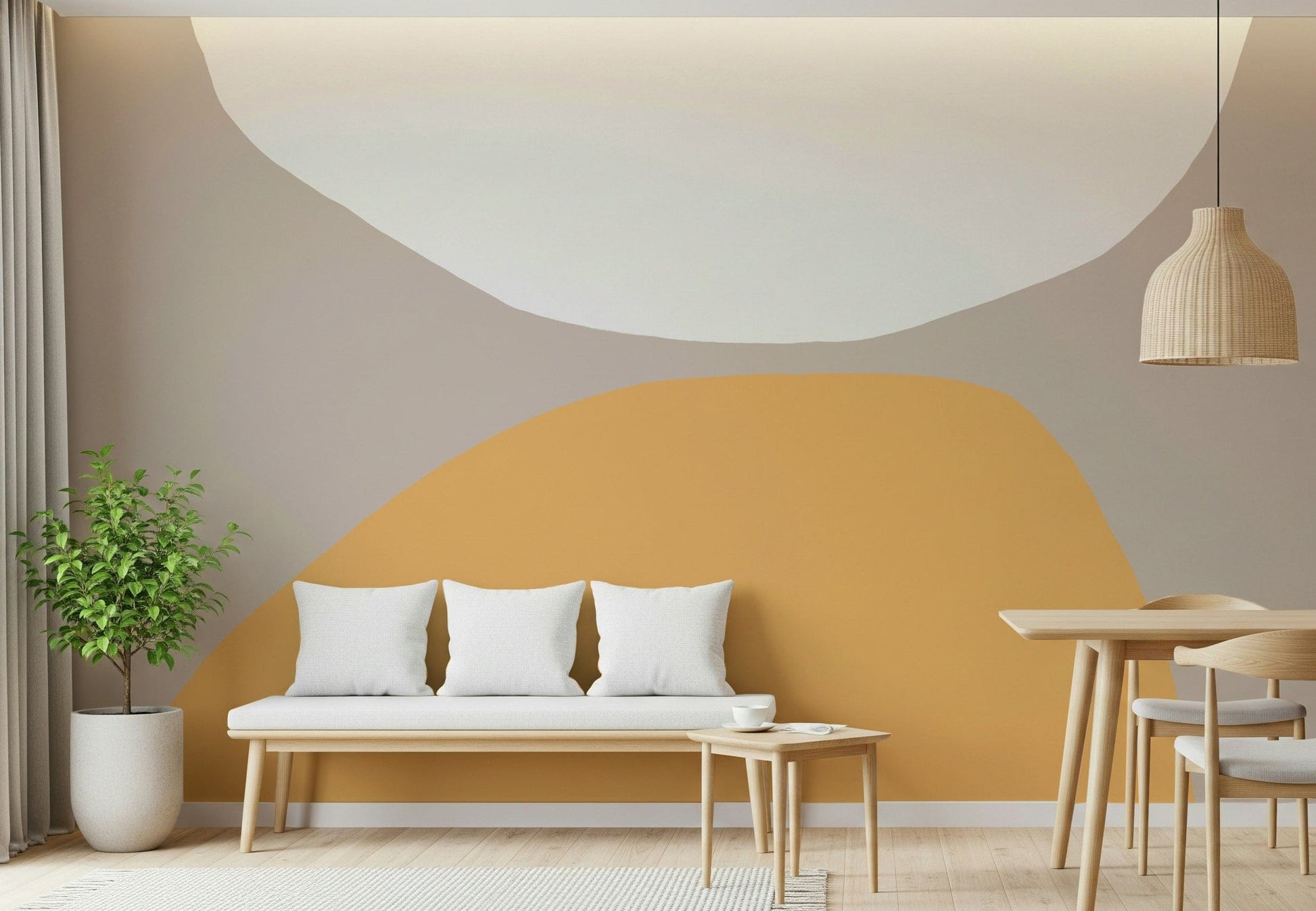 An artistic modern pattern mural on minimalist wallpaper.