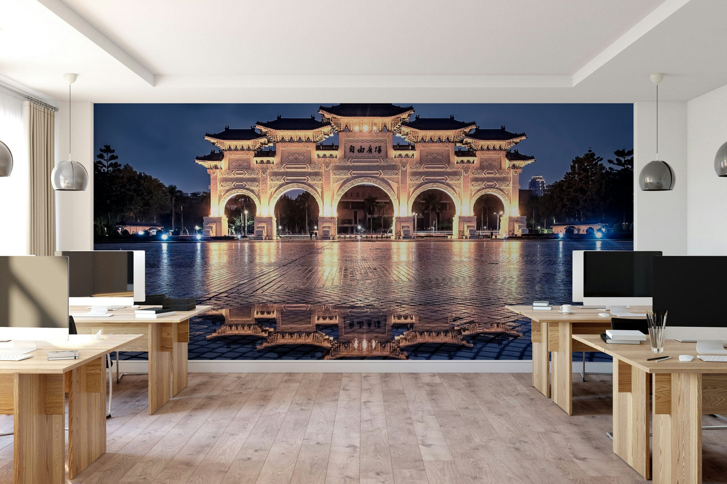 A peaceful Asian landscape mural on decorative wallpaper.

