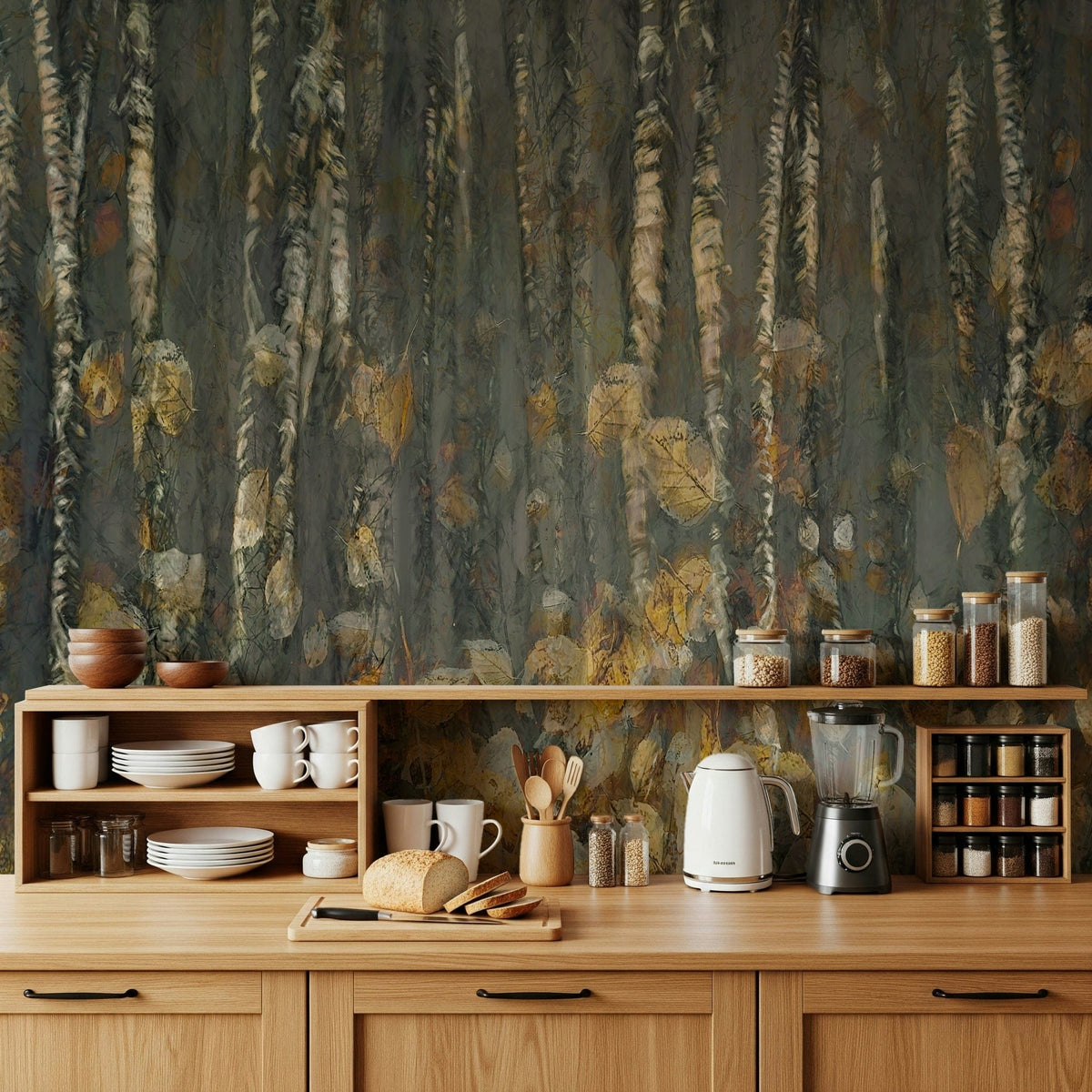 Autumn Woods wallpaper mural of birch trunks and golden leaves behind a wood kitchen counter with dishware