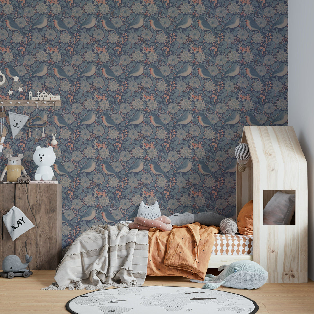 A peaceful scenic bird mural on decorative wallpaper.

